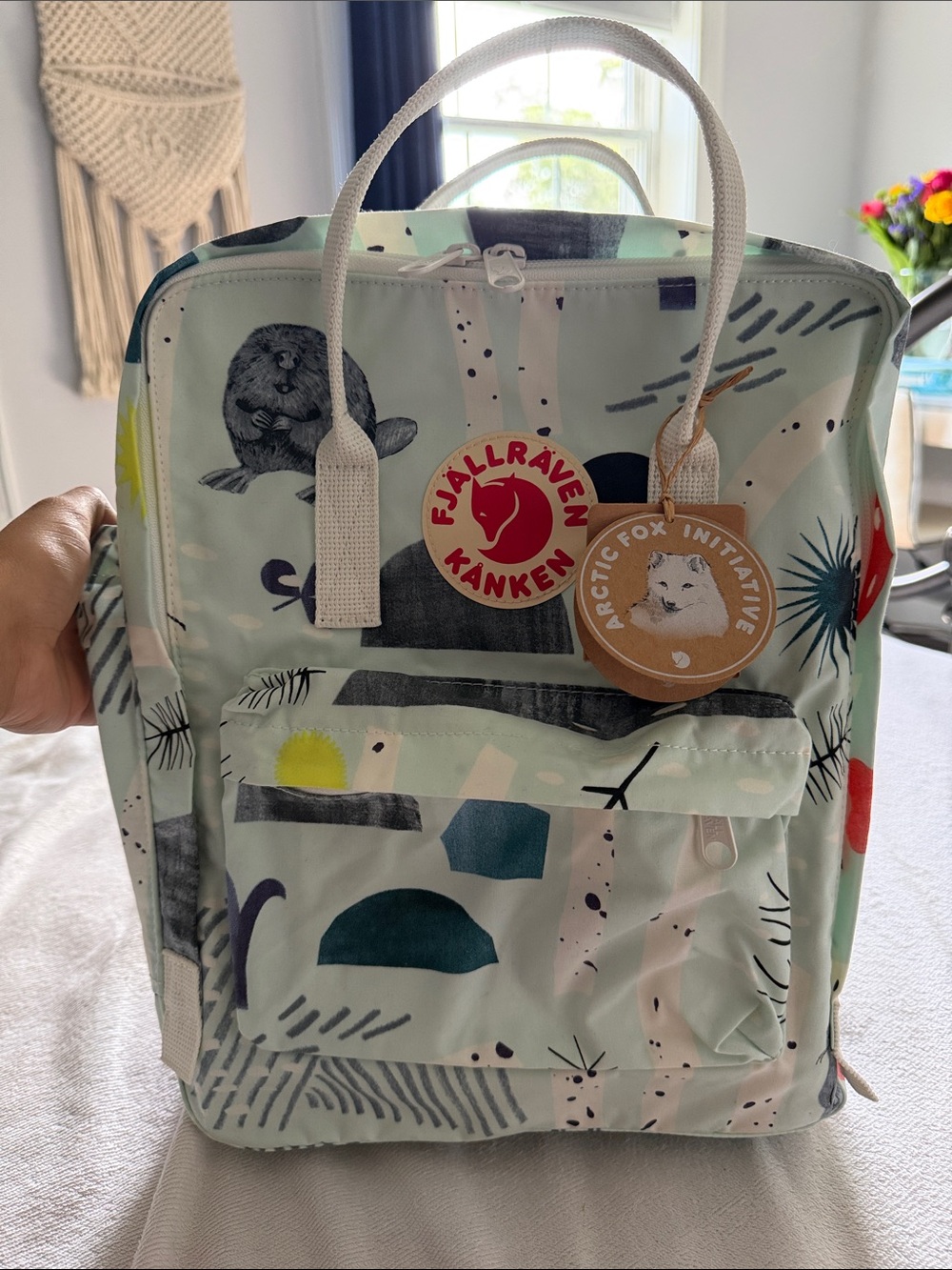 Fjallraven Kanken Mini Backpack in Light Mint with Multi-Color Print